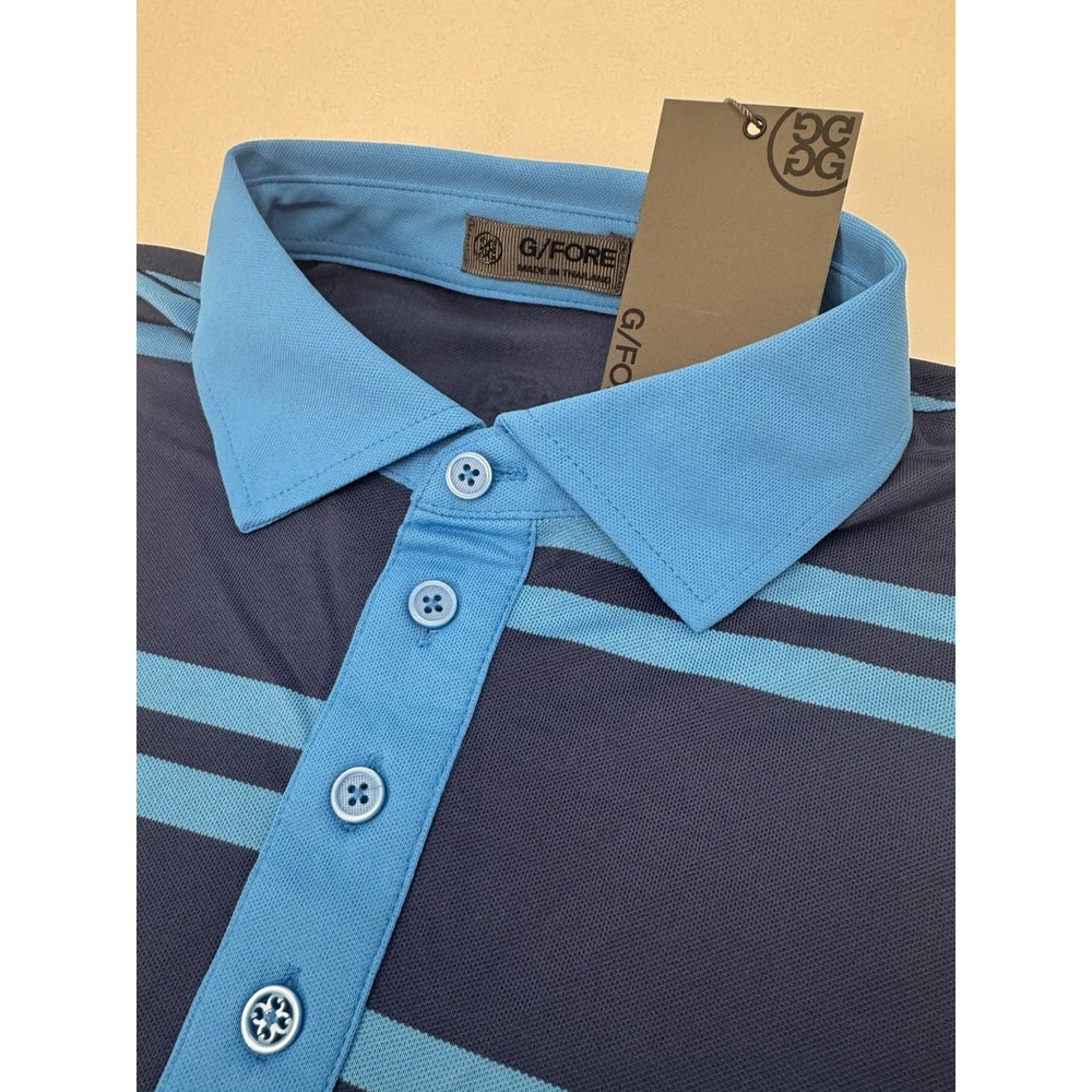 NWT G/Fore G4 Offset Stripe Tech Pique Golf Polo Shirt‎ BPRNT Blue MEDIUM $120